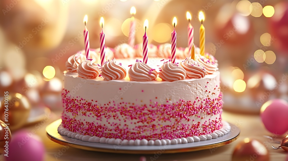 Festive Birthday Cake with Pink Frosting and Lit Candles for Celebration : Generative AI Festive Birthday Cake with Pink Frosting and Lit Candles for Celebration : Generative AI
