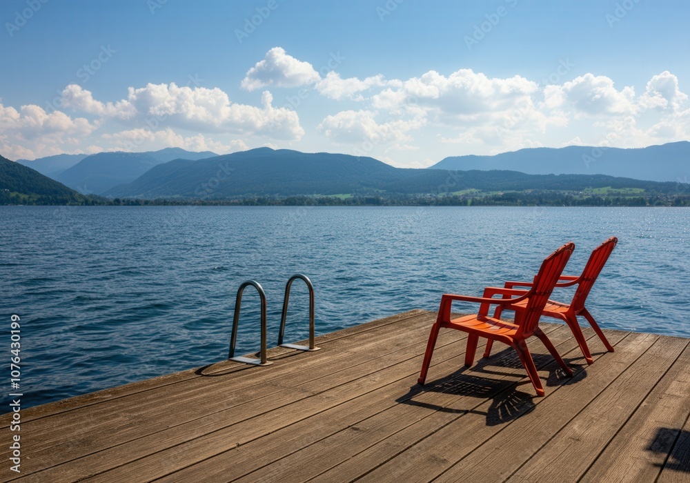 Two orange chairs sit on a wooden pier, offering a peaceful view of a tranquil lake and distant mountains Two orange chairs sit on a wooden pier, offering a peaceful view of a tranquil lake and distant mountains