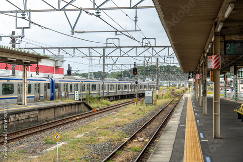 Trains stop at a quiet Japanese railway station on a cloudy day with empty platforms and a serene atmosphere