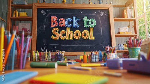 A well-organized classroom with a chalkboard displaying 