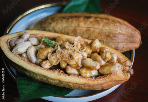fresh cacao with sweet fish sauce macro