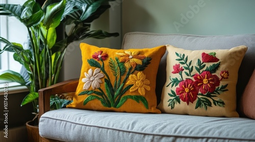 Wallpaper Mural Two embroidered throw pillows with floral designs sit on a couch in a homey living room. The yellow pillow features white, Torontodigital.ca