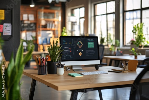 Modern Office Workspace with Computer and Plants