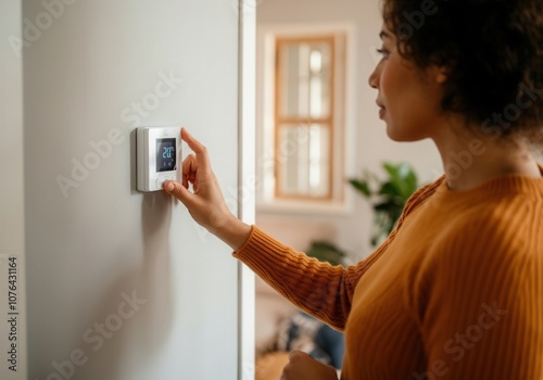 Woman setting temperature on smart thermostat, controlling heating or cooling system in modern house photo