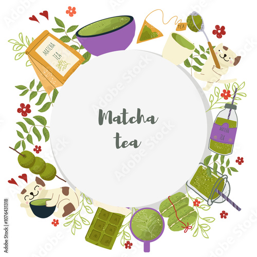 Playful Matcha Tea Illustration with Cats