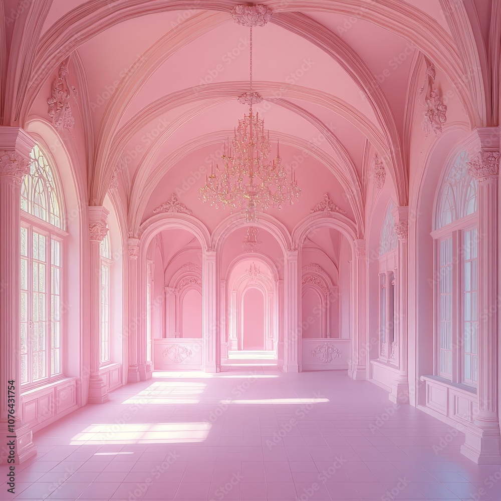 Elegant Pink Room with Sunlight Streaming Through Arched Windows