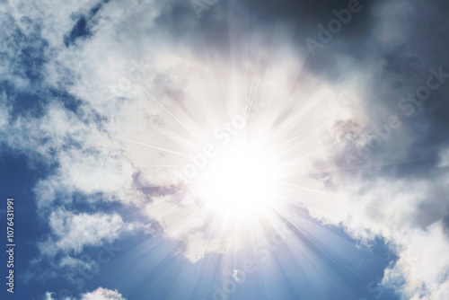 Sky with cloud and sun ray, indicator of good weather, high temperature, weather condition and meteorology photo