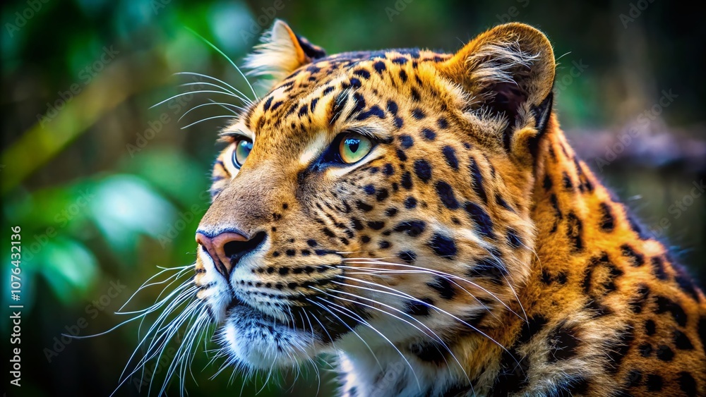 Obraz premium Close-Up Profile of an Amur Leopard Showcasing Its Majestic Features, Stunning Fur Patterns, and Intense Gaze Against a Natural Habitat Background for Wildlife Documentary Photography