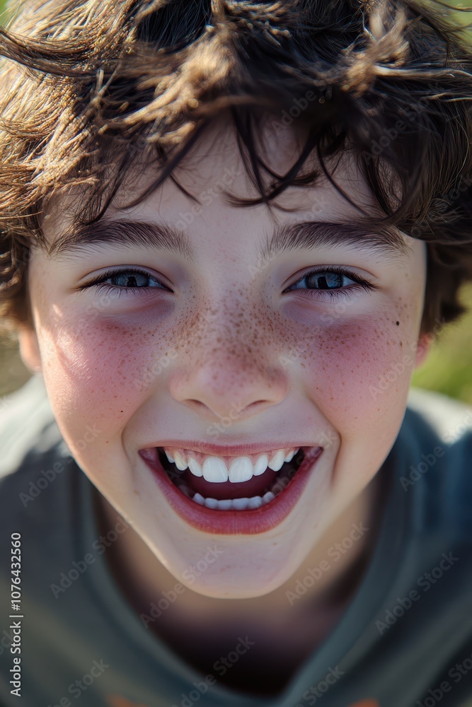 Close-up of an excited teen: wide smile, sparkling eyes, spontaneous and lively, outdoor setting with natural light, genuine happiness Close-up of an excited teen: wide smile, sparkling eyes, spontaneous and lively, outdoor setting with natural light, genuine happiness