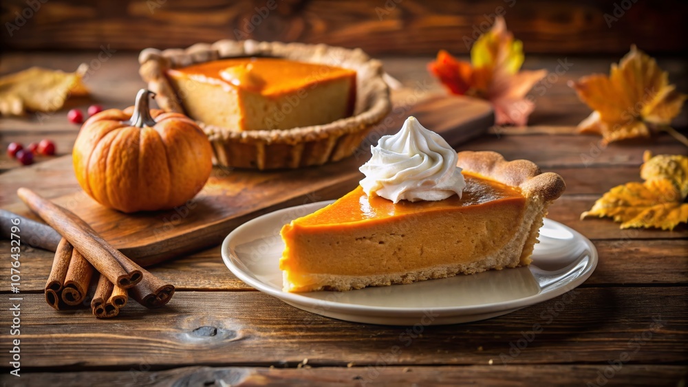 Closeup of a Delicious Slice of Pumpkin Pie with Whipped Cream on a Rustic Wooden Table, Perfect for Autumn and Thanksgiving Celebrations in a Cozy Setting Closeup of a Delicious Slice of Pumpkin Pie with Whipped Cream on a Rustic Wooden Table, Perfect for Autumn and Thanksgiving Celebrations in a Cozy Setting
