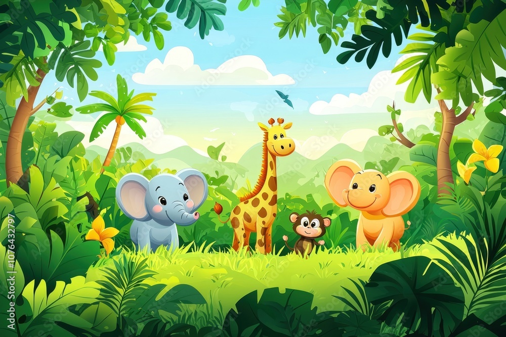 Naklejka premium Captivating Cartoon Jungle Safari Scene with Adorable Animals Inhabiting a Lush Vibrant Natural