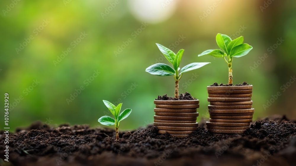 Three small plants growing in a pile of coins, representing the concept of financial growth. Three small plants growing in a pile of coins, representing the concept of financial growth.