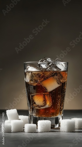 Glass of refreshing soda with ice cubes surrounded by sugar cubes, illustrating the concept of excessive sugar intake and its health implications photo