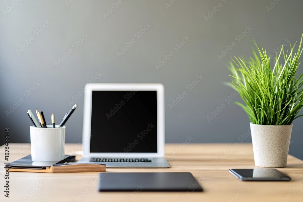 Minimalist Workspace: Laptop, Plant, and Notebook on a Wooden Desk Minimalist Workspace: Laptop, Plant, and Notebook on a Wooden Desk