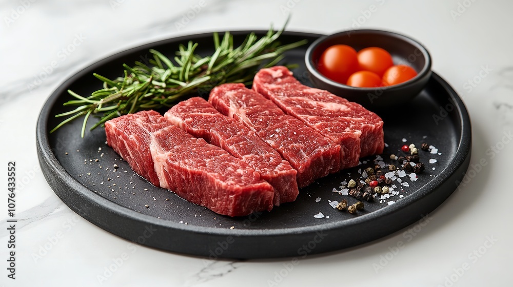 piece of raw meat with rosemary piece of raw meat with rosemary