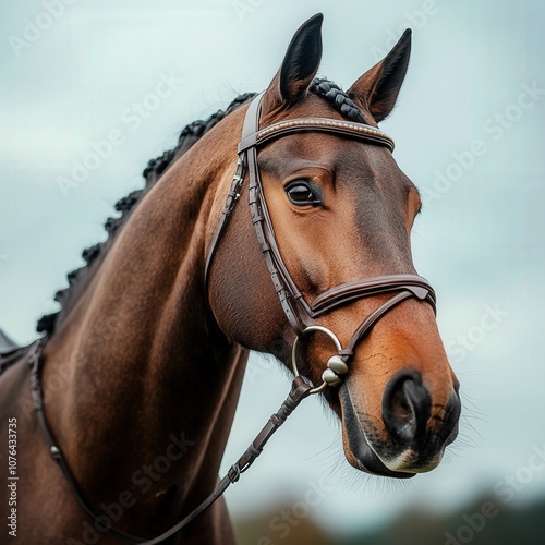 Chestnut horse with braided mane and bridle looking forward on blurred background photo