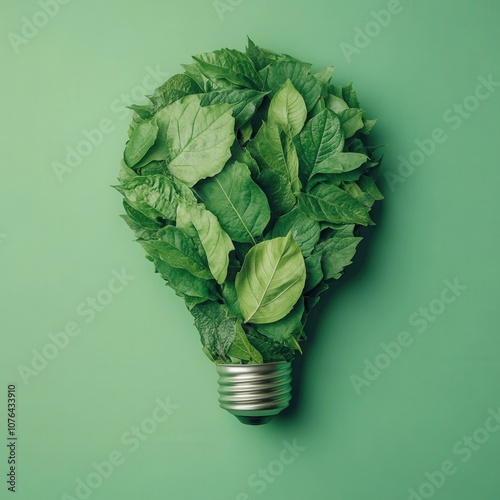 Green leaves forming a light bulb shape represent sustainable and renewable energy sources, promoting eco-consciousness photo