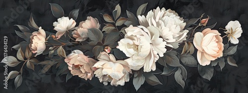 Dark Floral Background with White Roses and Greenery