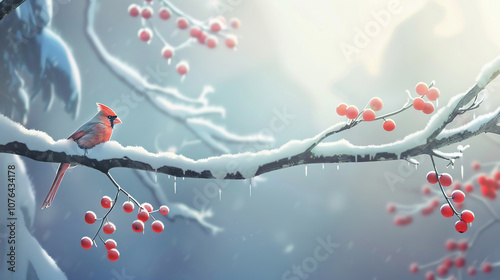 Red cardinal bird on a frosty tree branch with snow red berries in winter, Holiday and Christmas web banner