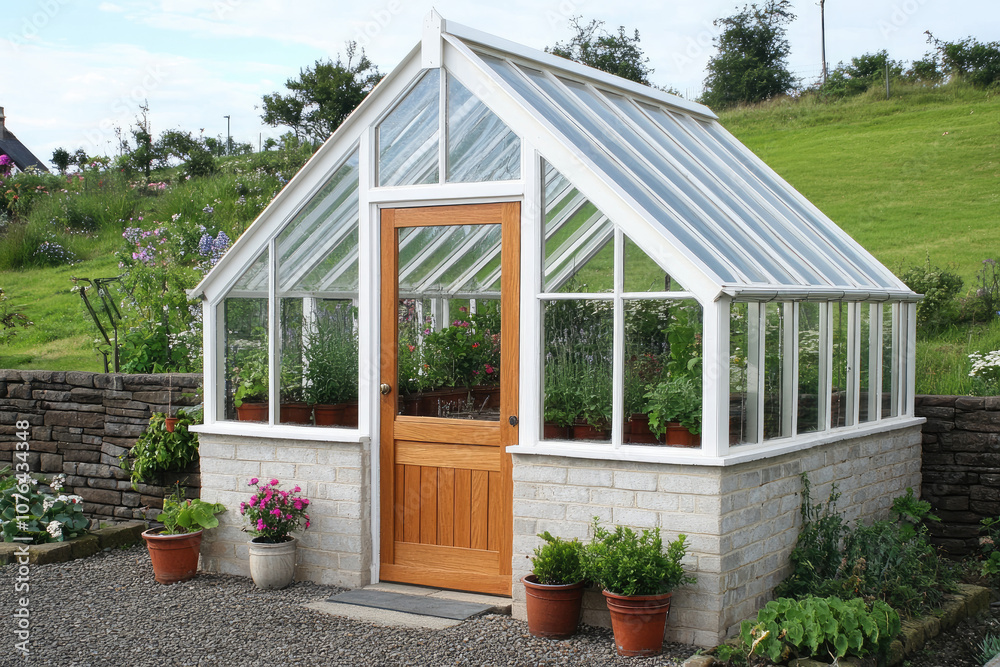 White Greenhouse with Simple Brick Wall and Glass Panels for Modern Minimalism White Greenhouse with Simple Brick Wall and Glass Panels for Modern Minimalism