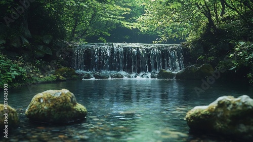 Glowing Waterfall in Serene Forest with Crystal Clear Water Pool Below
