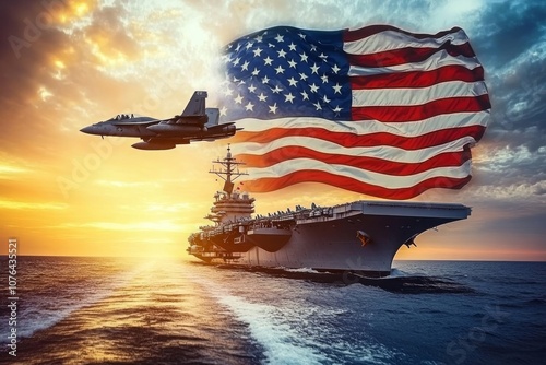 Fighter Jet Taking Off from Aircraft Carrier at Sunset