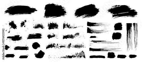 Paint brush strokes. Vector ink splash background set. Grungy black splatter banner. Grunge shape watercolor blots, blobs, stains. Black color isolated line elements. Punk dabs and daubs graffiti bg
