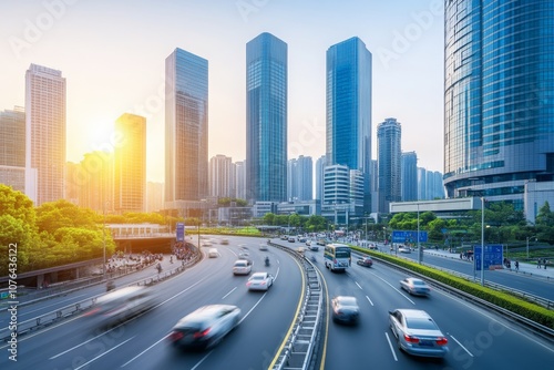 Modern Business District Skyline at Sunrise