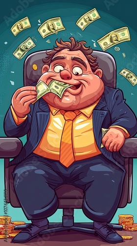 A cartoon character in a suit sits animatedly in an office chair, chomping on bundles of cash with a humorous and exaggerated expression of satisfaction. photo