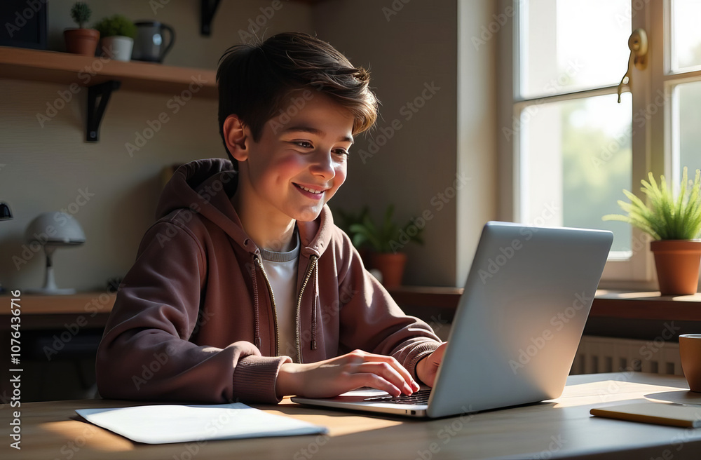 Student sitting at the table in front of laptop, smiling and typing, doing tasks, studying online Student sitting at the table in front of laptop, smiling and typing, doing tasks, studying online