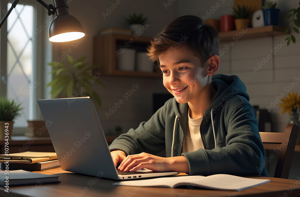 Student sitting at the table in front of laptop, smiling and typing, doing tasks, studying online Student sitting at the table in front of laptop, smiling and typing, doing tasks, studying online