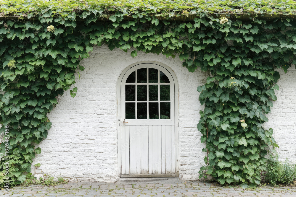 White Greenhouse with Cobbled Brick Wall and Arched Doorway for Timeless Elegance