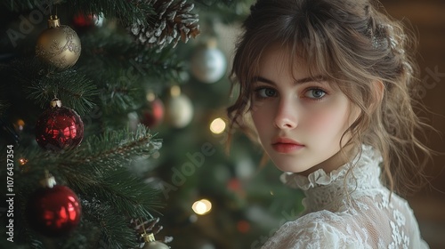 Beautiful Victorian girl by Christmas tree with vintage charm