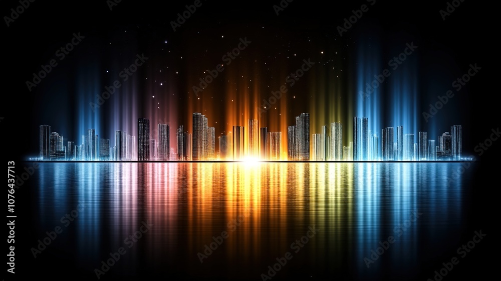 Vibrant City Skyline at Night with Colorful Reflections and Abstract Light Effects for Creative Visuals and Backgrounds in Modern Design Projects