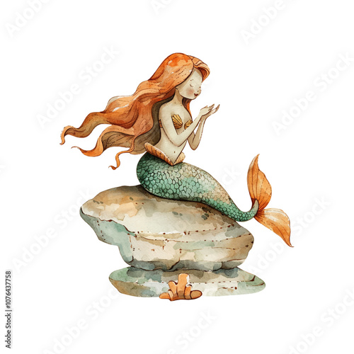 mermaid singin on the rock vector illustration in watercolor style