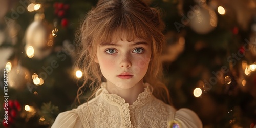 Beautiful Victorian girl by Christmas tree with vintage charm