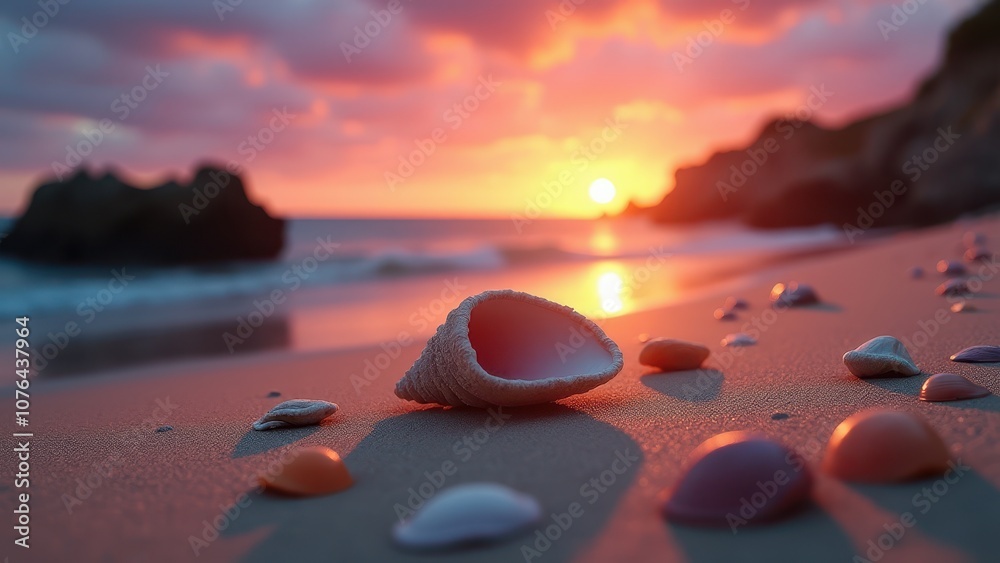 Seashell at sunset for coastal vibes. A conch shell lies on a sandy beach at sunset, waves gently lap the shore. The sky glows with vibrant pink and orange hues. Seashell at sunset for coastal vibes. A conch shell lies on a sandy beach at sunset, waves gently lap the shore. The sky glows with vibrant pink and orange hues.