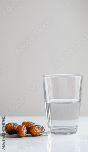 A glass of water and dates on the side, white background, simple design, minimalist style photo