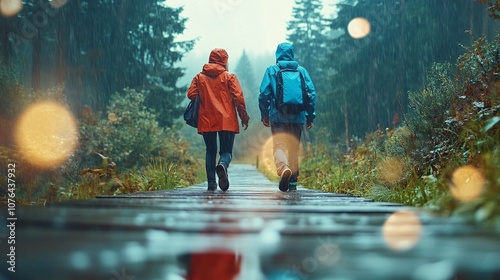 A Couple Walking on a Wooded Path in the Rain Wearing Bright Jackets