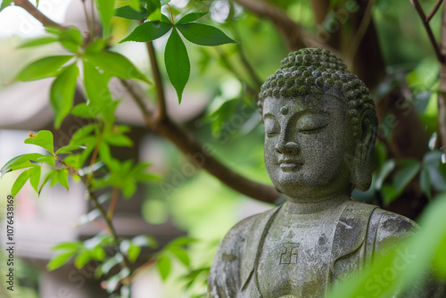 Greeting card with ancient statue great Buddha on holiday composition