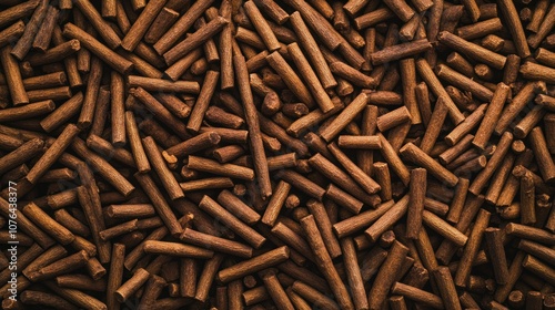 A close-up view of small, cylindrical brown pellets scattered on a surface.