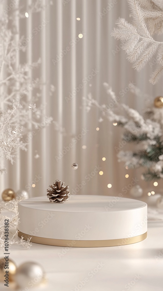 White christmas podium displaying golden pine cone with festive background White christmas podium displaying golden pine cone with festive background