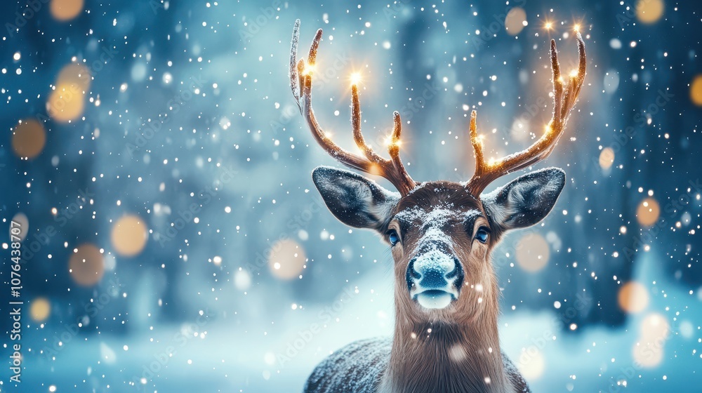 Winter reindeer with twinkling antlers: reindeer with softly glowing antlers, peaceful snowy background, gentle sparkles, magical holiday feel Winter reindeer with twinkling antlers: reindeer with softly glowing antlers, peaceful snowy background, gentle sparkles, magical holiday feel