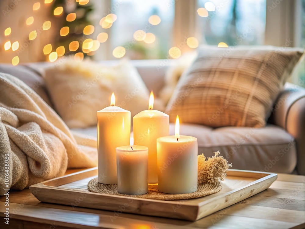 Cozy Living Space with Lit Candles on White Tray Enhancing Warm Ambiance in Softly Decorated Room for Relaxation and Comfort Cozy Living Space with Lit Candles on White Tray Enhancing Warm Ambiance in Softly Decorated Room for Relaxation and Comfort