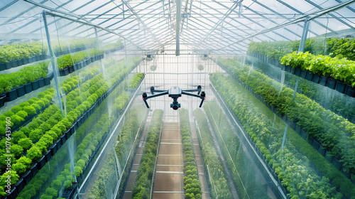 Drone flying over lush green crops in a greenhouse.