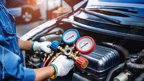 Auto mechanics use a manifold gauge to check refrigerant levels and refill air conditioner refrigerant.