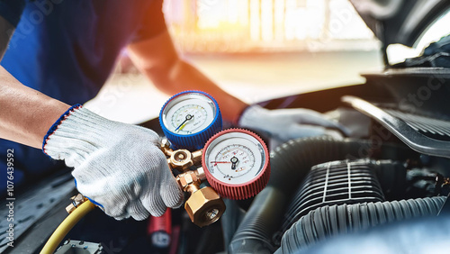 Auto mechanics use a manifold gauge to check refrigerant levels and refill air conditioner refrigerant.