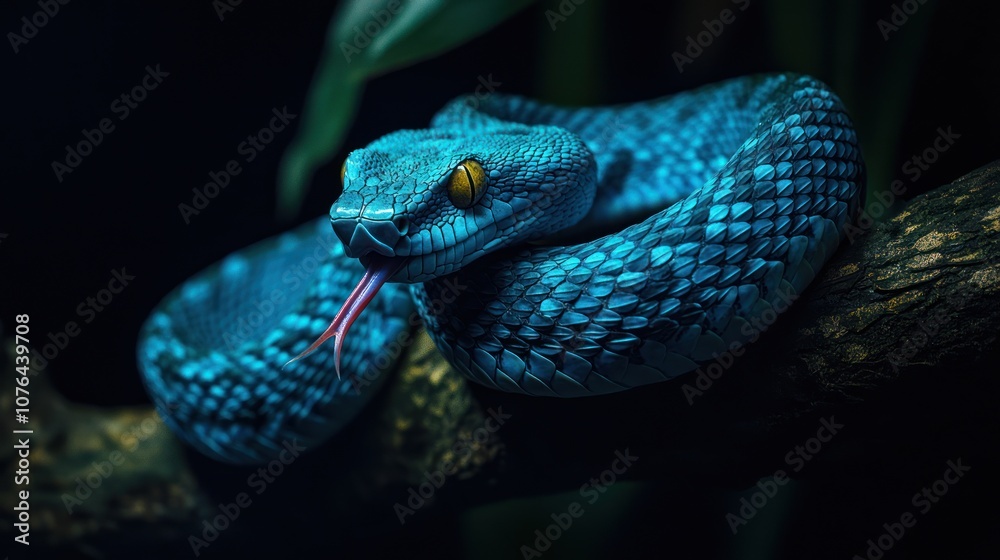 Fototapeta premium Blue Viper Snake in the Dark