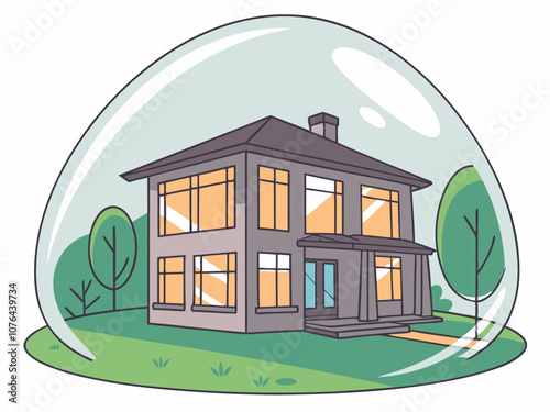 Modern House Enclosed in Transparent Dome Illustration, house inside a transparent bubble