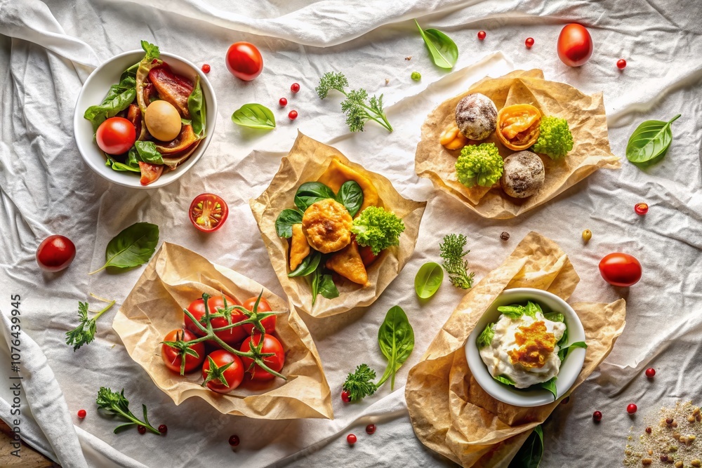 Creamy Delights on Crumpled White Paper: A Food Photography Showcase with Textured Background and Elegant Presentation of Culinary Artistry Creamy Delights on Crumpled White Paper: A Food Photography Showcase with Textured Background and Elegant Presentation of Culinary Artistry